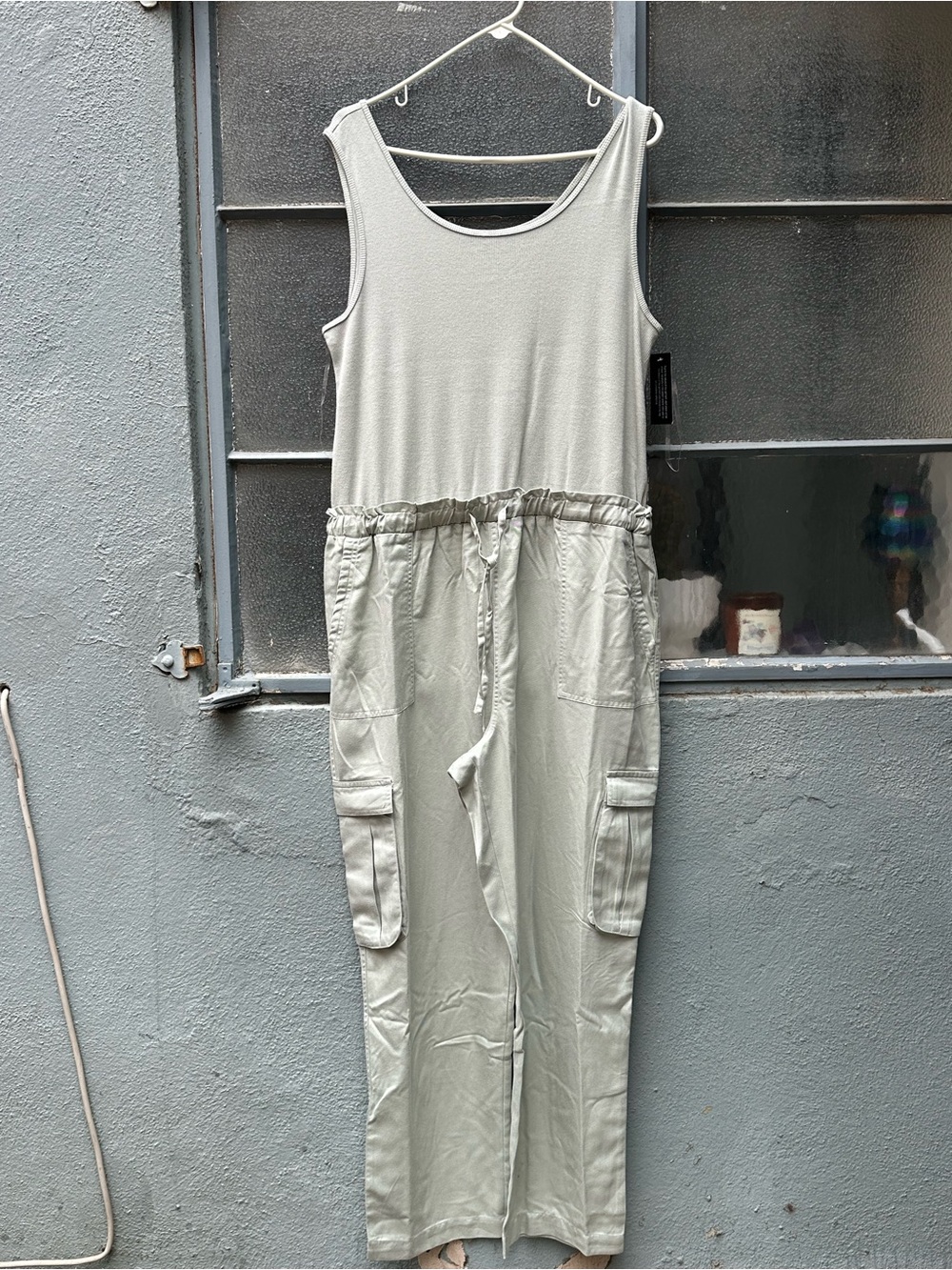 AnyBody Regular casual Cargo Jumpsuit Romper Ribbed Top Light blue Sz L NWT